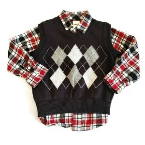 Argyle Vest + Plaid Button Up 2T Red Black Holiday